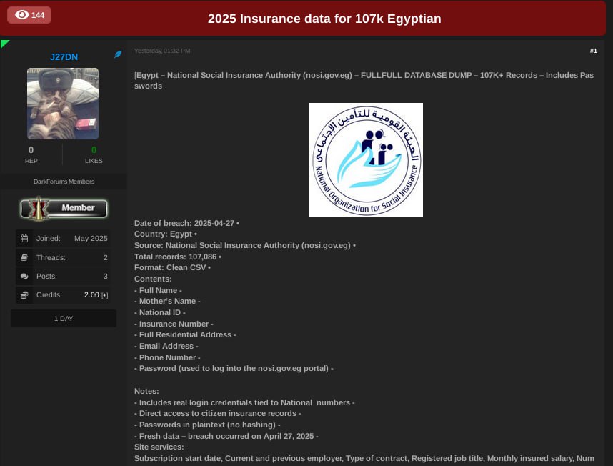 J27DN Breaches Egypt’s National Insurance Authority — Sensitive Government Database Exposed