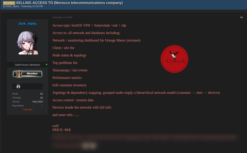 Threat Actor Advertises Access to Moroccan Telecommunications Infrastructure