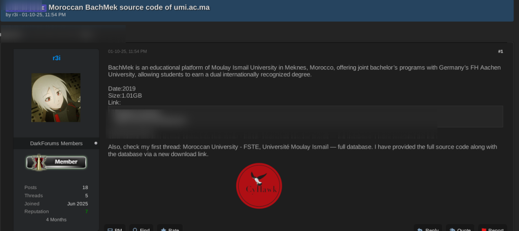 Alleged BachMek Platform Source Code from Morocco’s Moulay Ismail University Leaked on a Dark Web Forum
