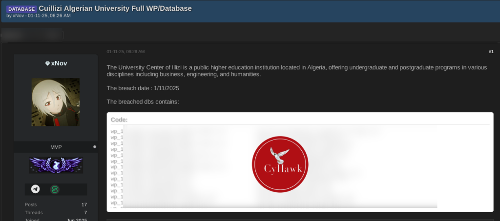 Threat Actor Leaks Alleged WordPress Database of Algerian University Center of Illizi