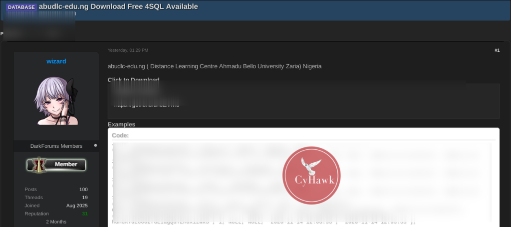 Alleged Database of Nigerian University’s Distance Learning Centre Leaked on the Dark Web